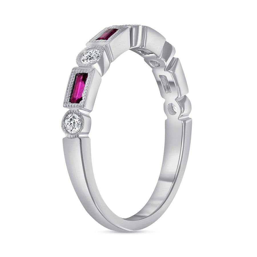 Rectangle Ruby Half Way Diamond Wedding Ring