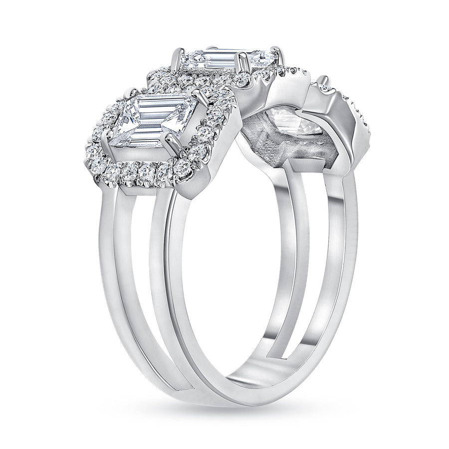 3 Emerald and Round Diamond Wedding Ring