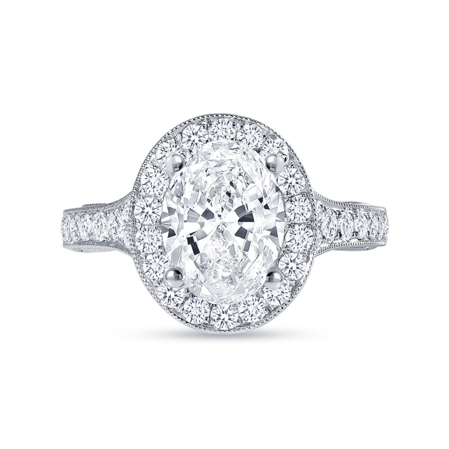 oval diamond halo milgrain engagement ring white gold