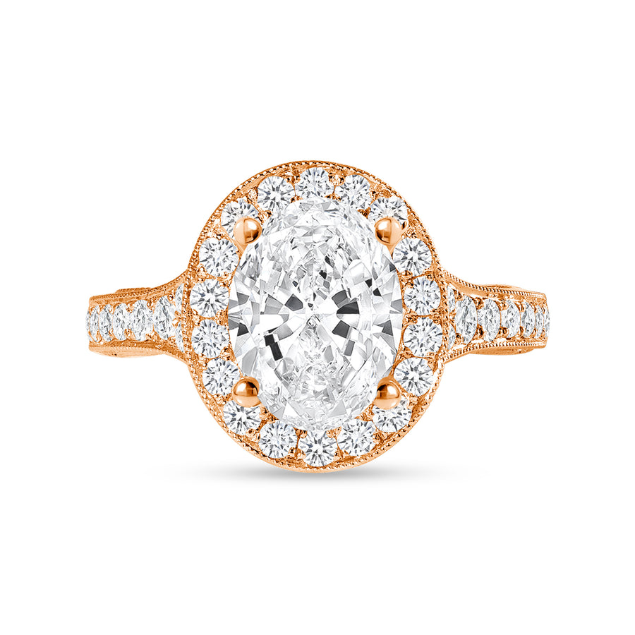 oval diamond halo milgrain engagement ring rose gold