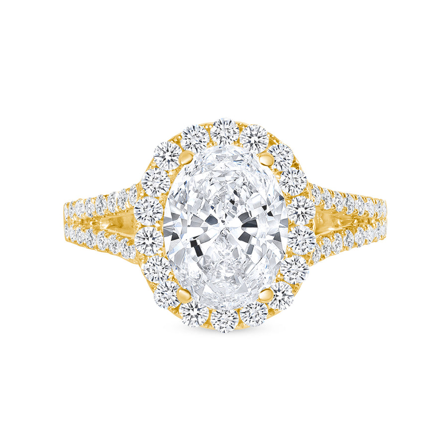 oval diamond halo split shank engagement ring yellow gold