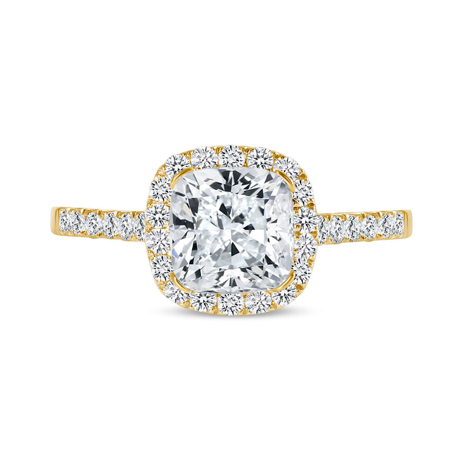 cushion cut diamond halo engagement ring yellow gold