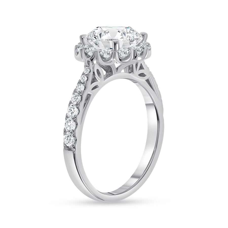 round floral halo round diamond engagement ring white gold