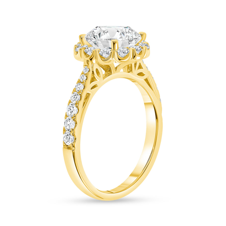 round floral halo round diamond engagement ring yellow gold