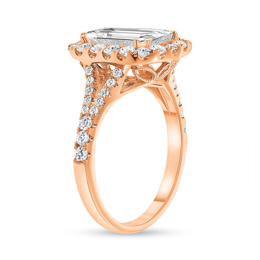 emerald cut diamond halo engagement ring rose gold
