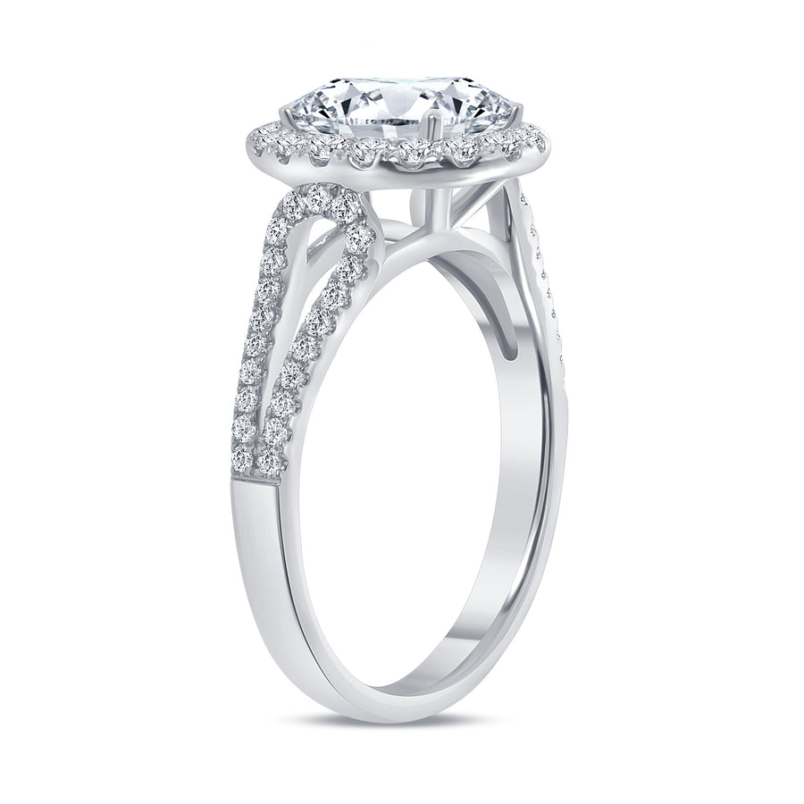 oval diamond halo split shank engagement ring white gold