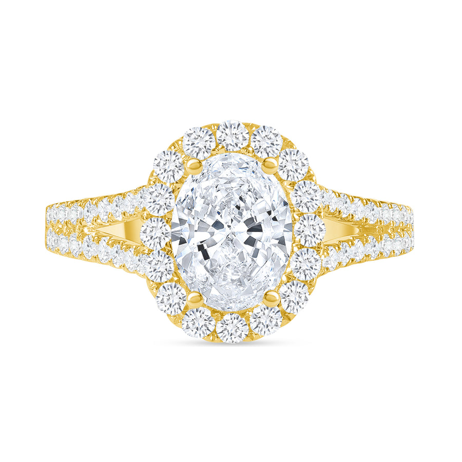 oval diamond halo wide split shank engagement ring yellow gold