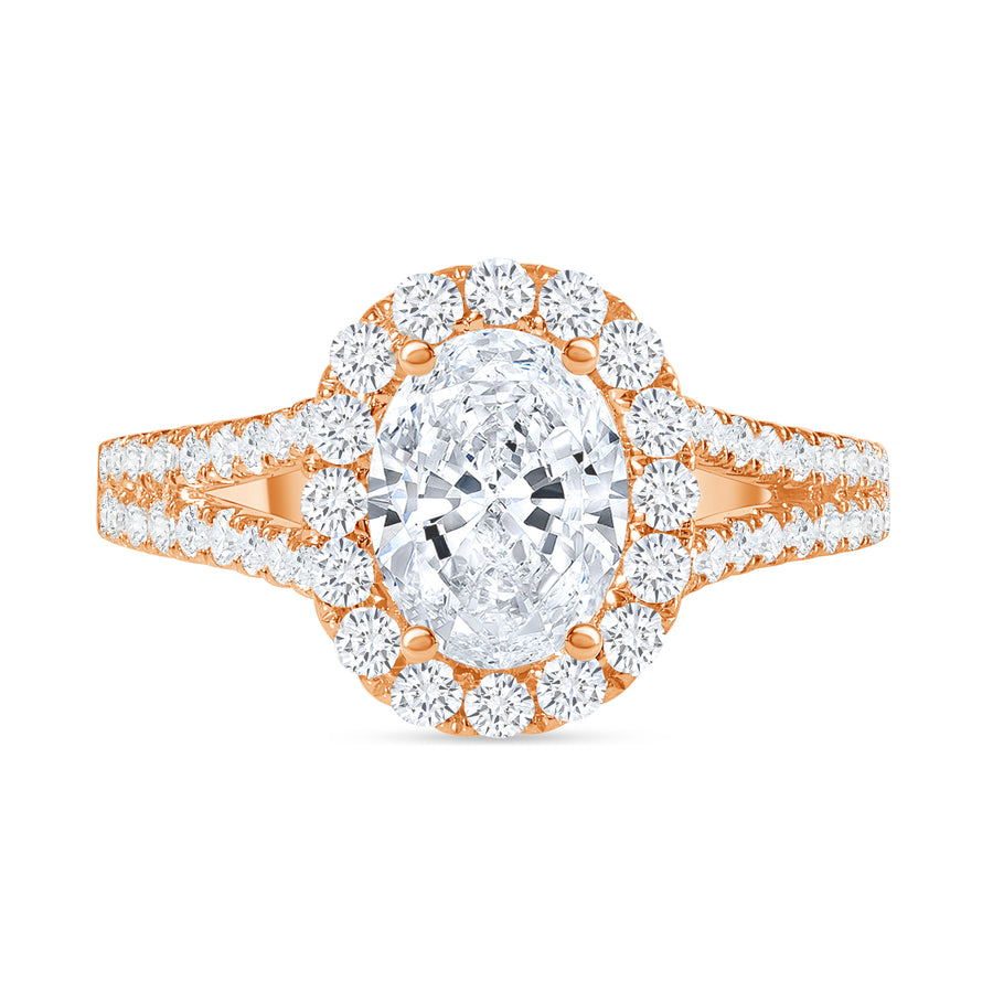 oval diamond halo wide split shank engagement ring rose gold