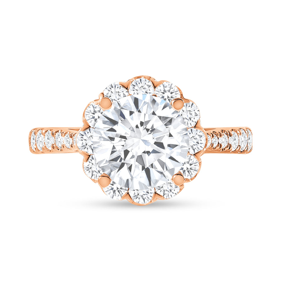 round floral halo round diamond engagement ring rose gold