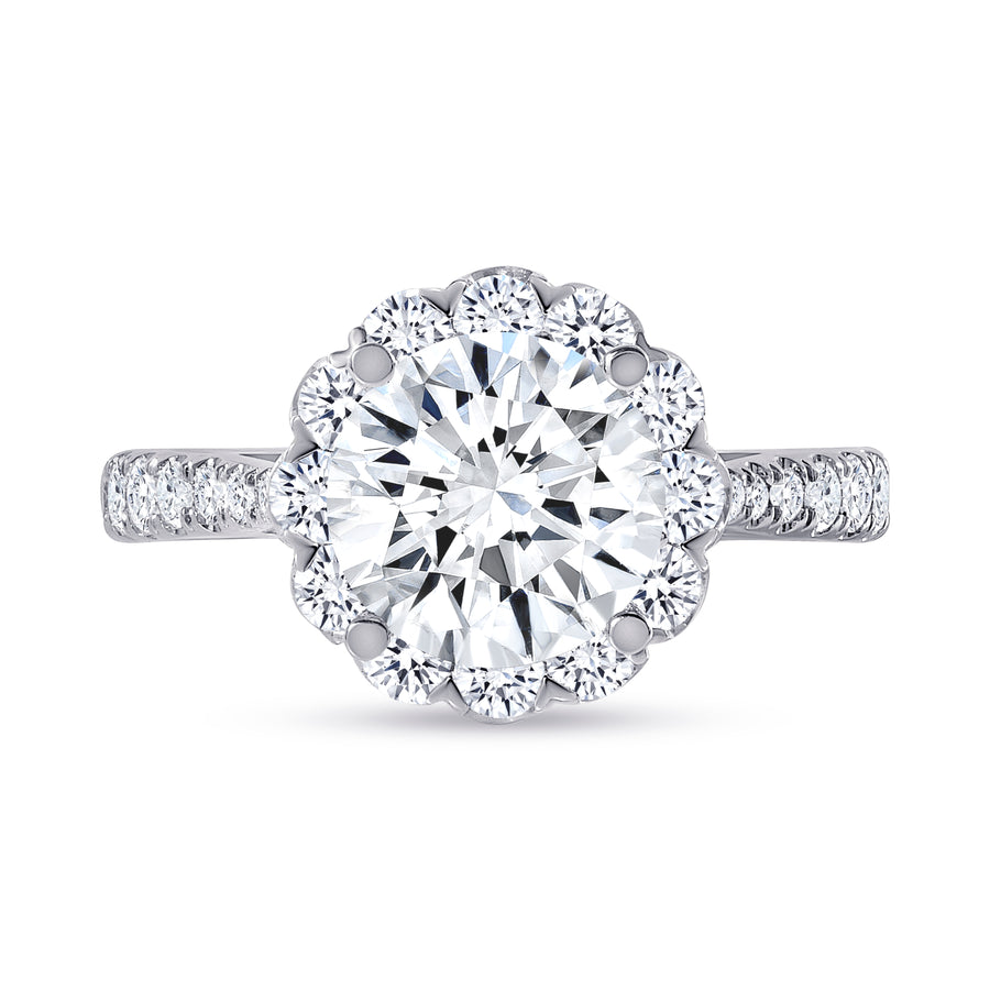 round floral halo round diamond engagement ring white gold