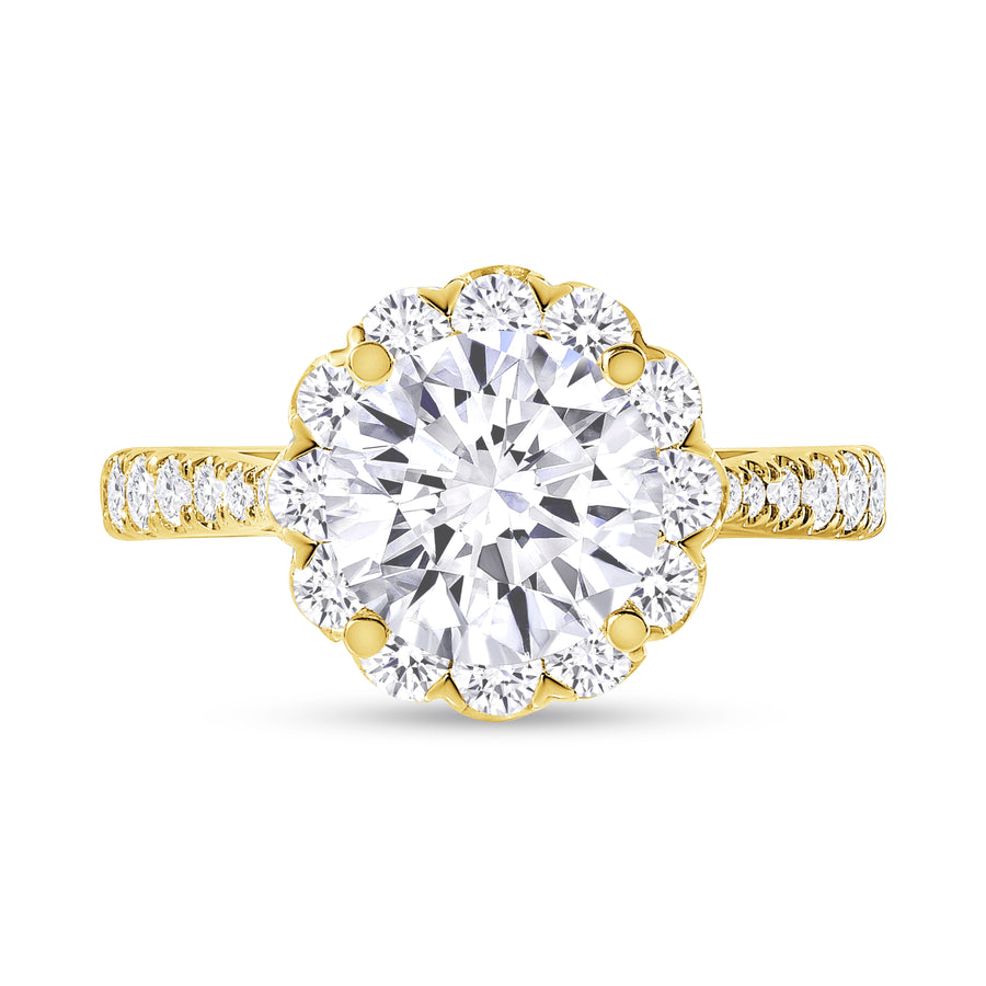 round floral halo round diamond engagement ring yellow gold